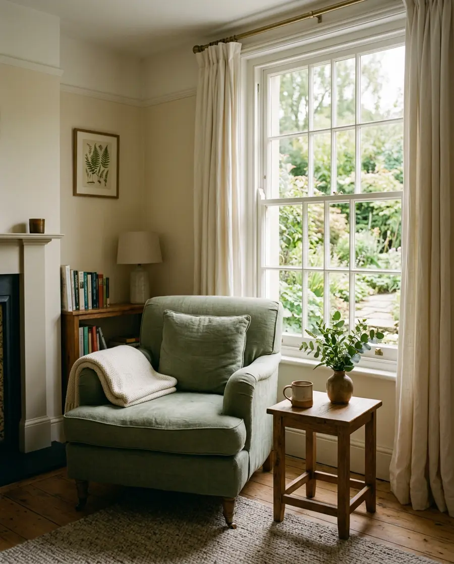 A comfortable green armchair in a peaceful, naturally lit home